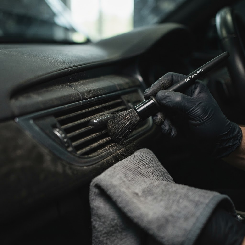 Detailing brush and microfiber cloth removing dust from a car dashboard vent