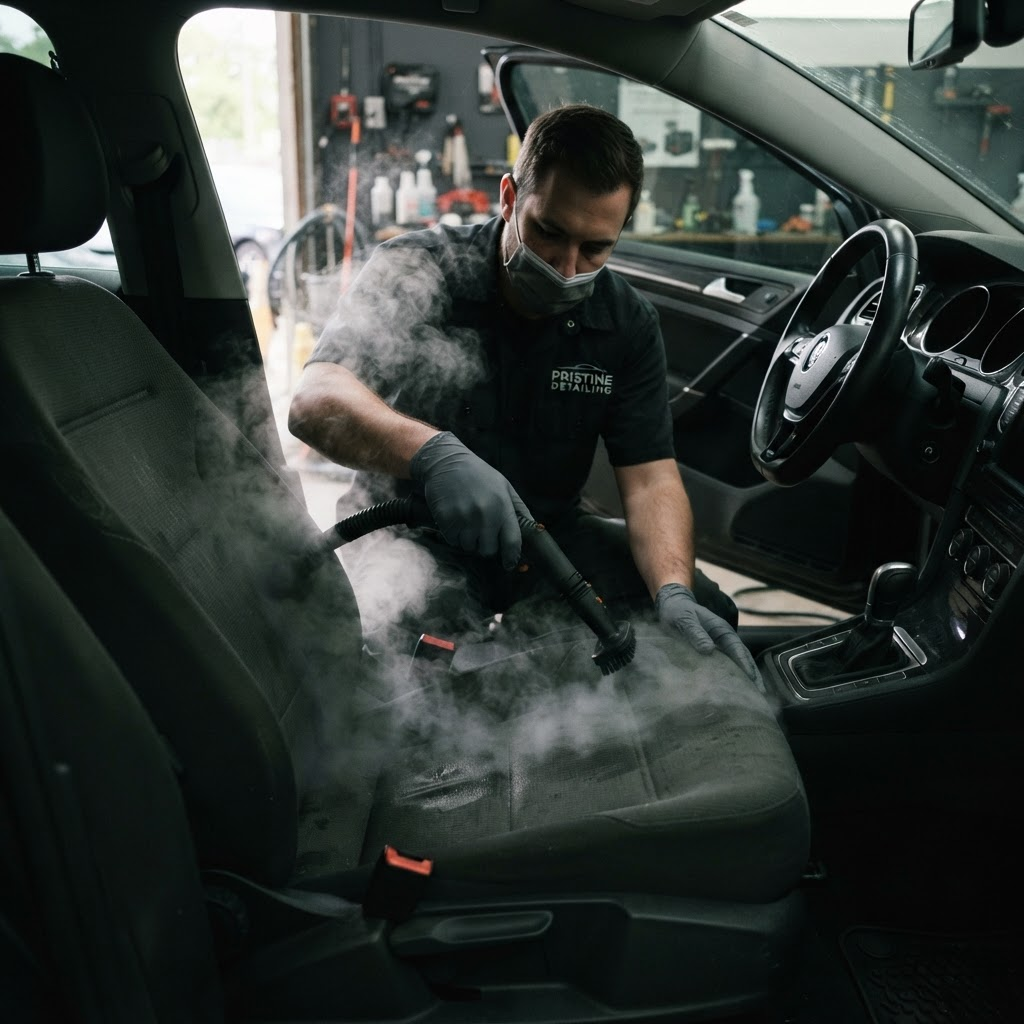 Professional detailer steam cleaning a car seat to sanitize the upholstery
