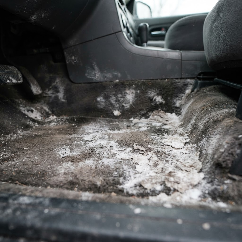 Dried white winter road salt stains on a dark car floor carpet