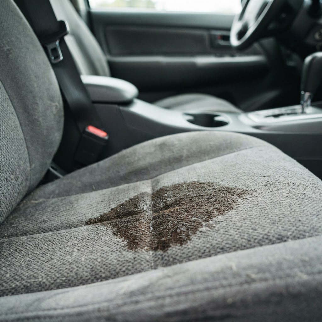 Coffee spill soaking into grey car seat fabric